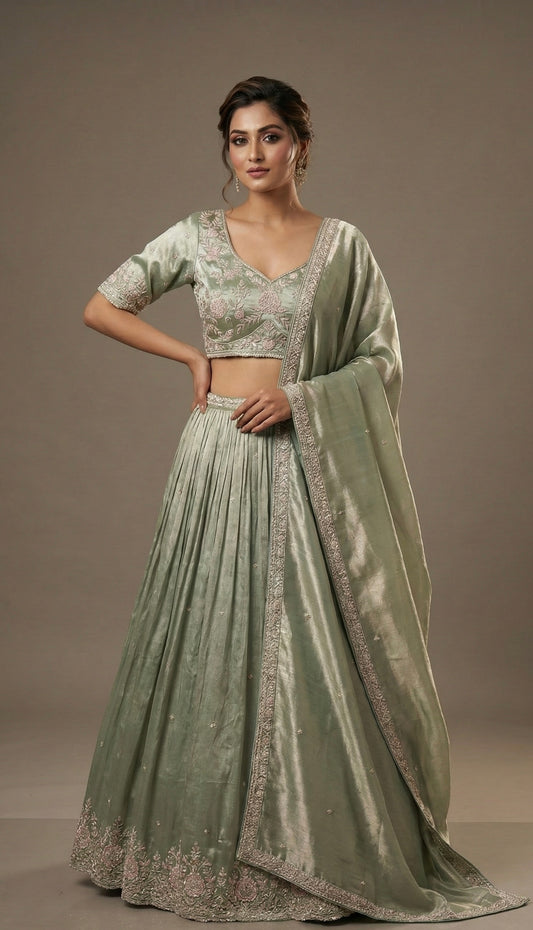 Sage Green Hand Embroidered Lehenga Choli with Dupatta