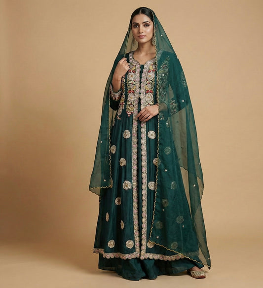 Emerald Green Hand Embroidered Indo-western Set with Dupatta