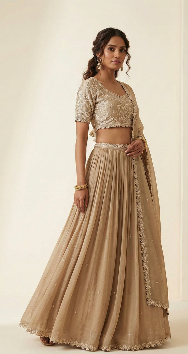 Beige Embroidered Lehenga Set with Dupatta
