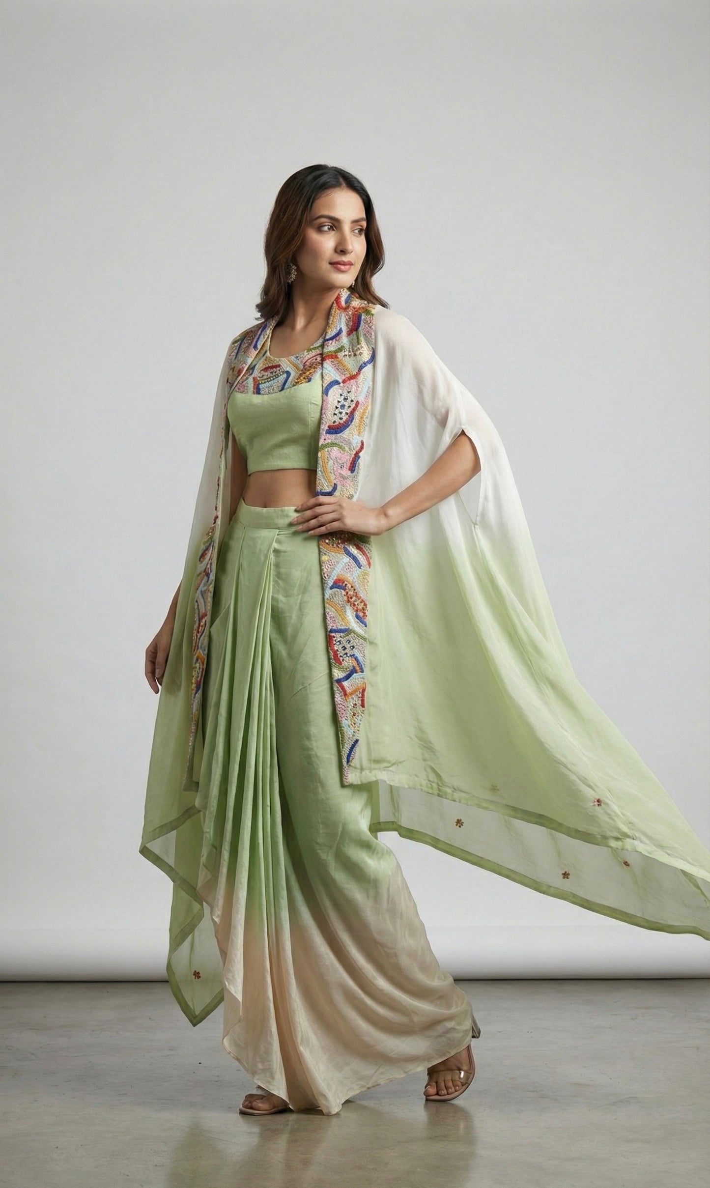 Mint Green Hand Embroidered Draped Skirt with Crop Top & Cape