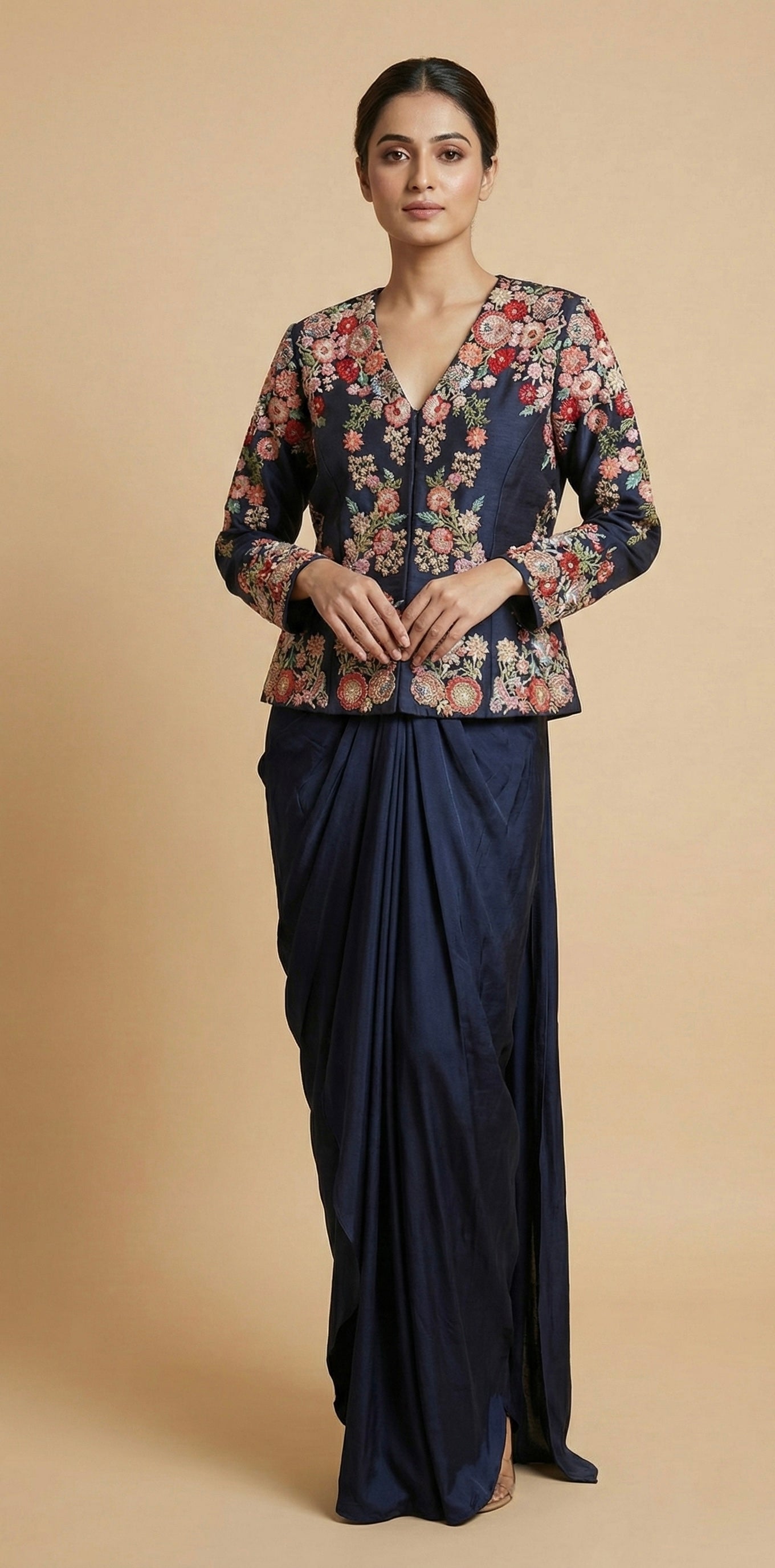 Navy Blue Floral Embroidered Jacket Drape Skirt Set