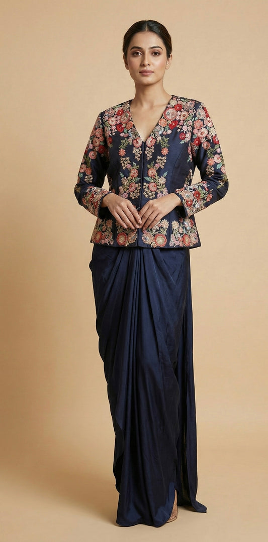 Navy Blue Floral Embroidered Jacket Drape Skirt Set