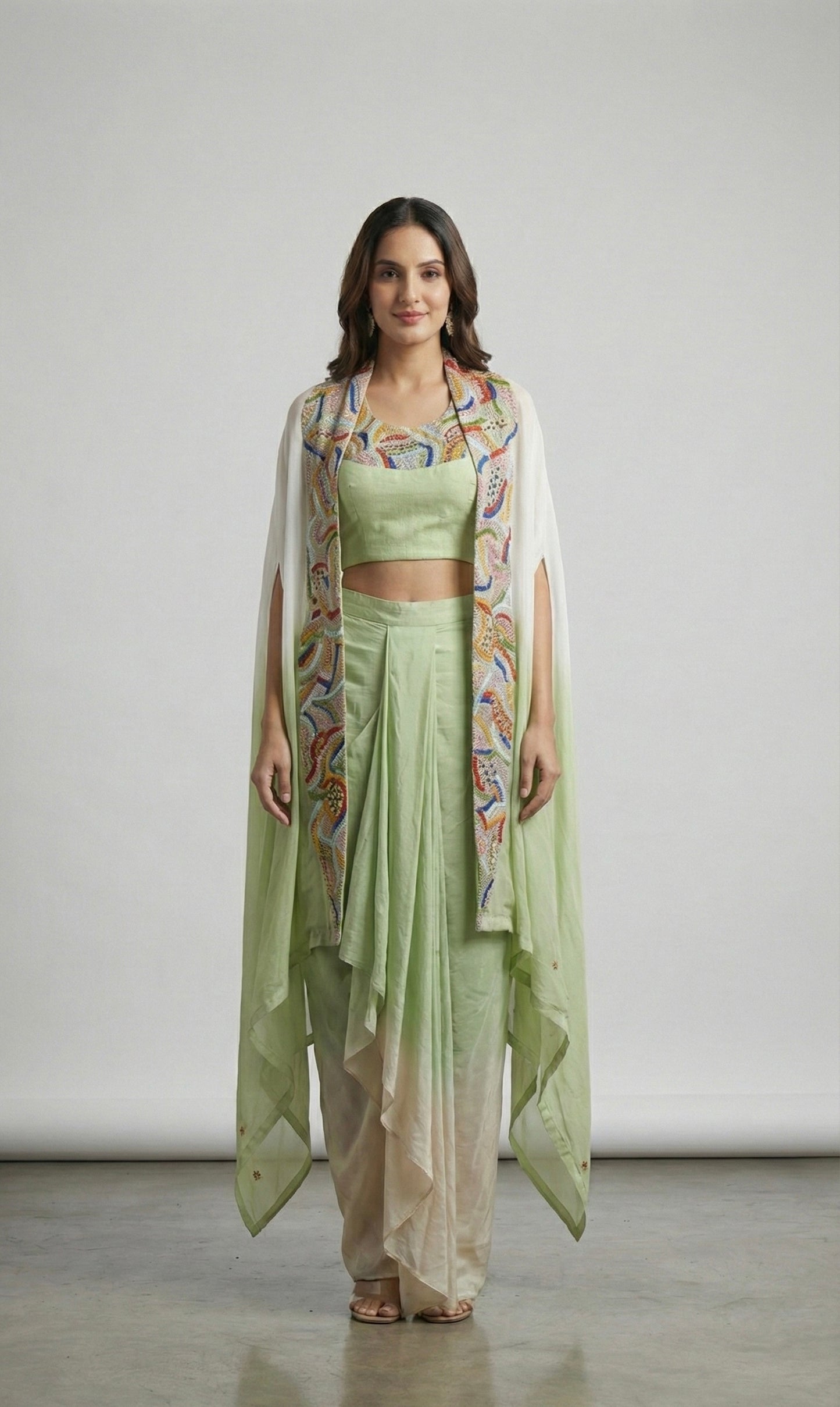 Mint Green Hand Embroidered Draped Skirt with Crop Top & Cape