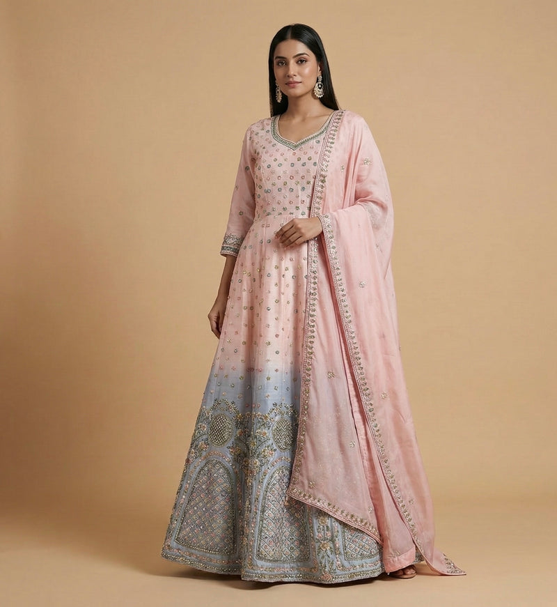 Blush Pink Ombre Hand Embroidered Anarkali Gown with Dupatta