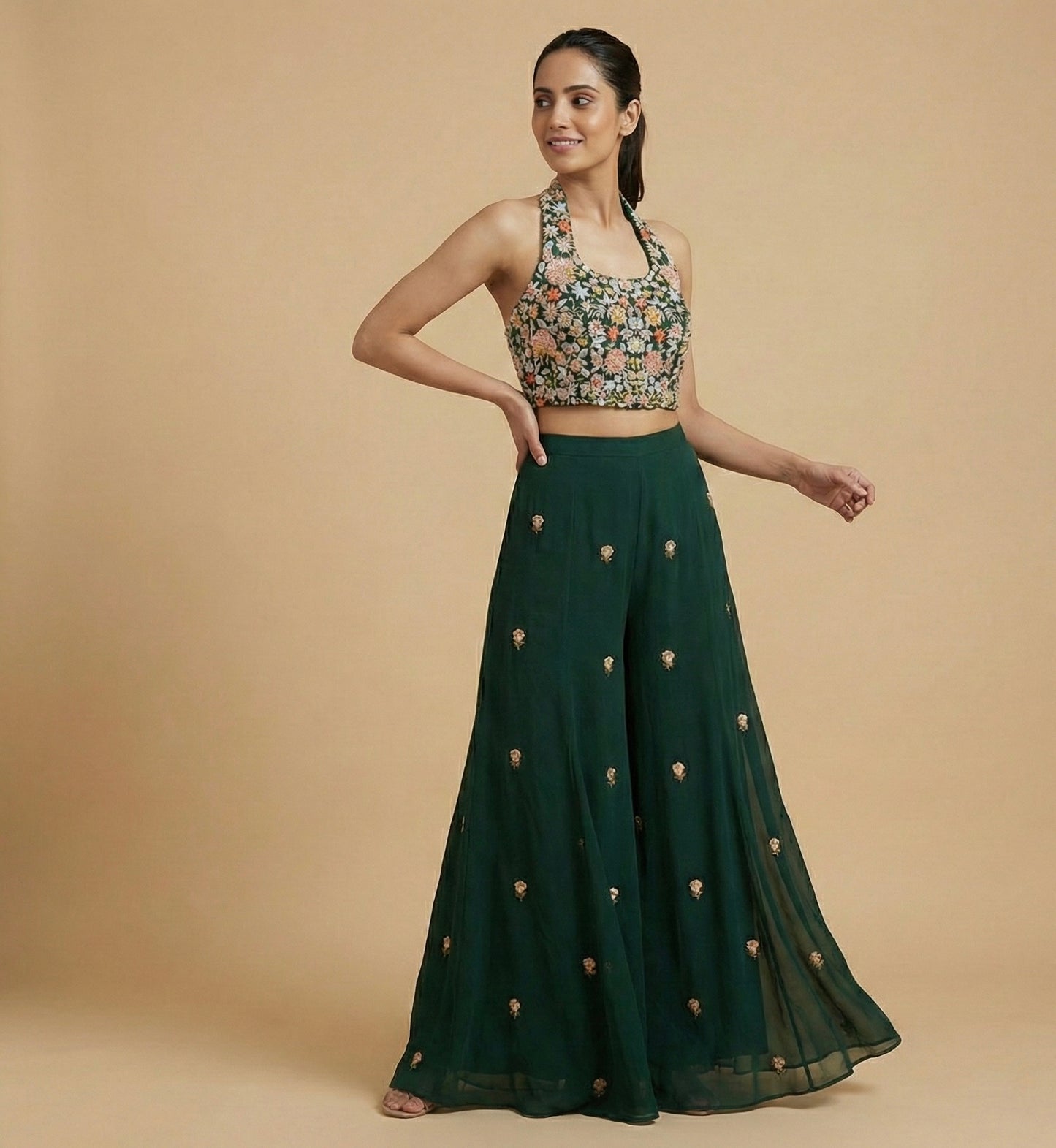 Green Hand Embroidered Halter Neck Crop Top Palazzo Set