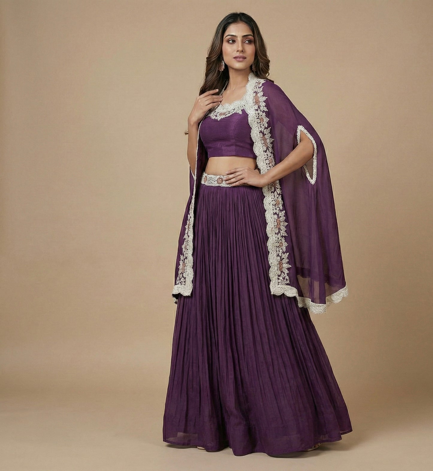 Royal Purple Pleated Indo-western Set with  Hand Embroidered Cape Jacket