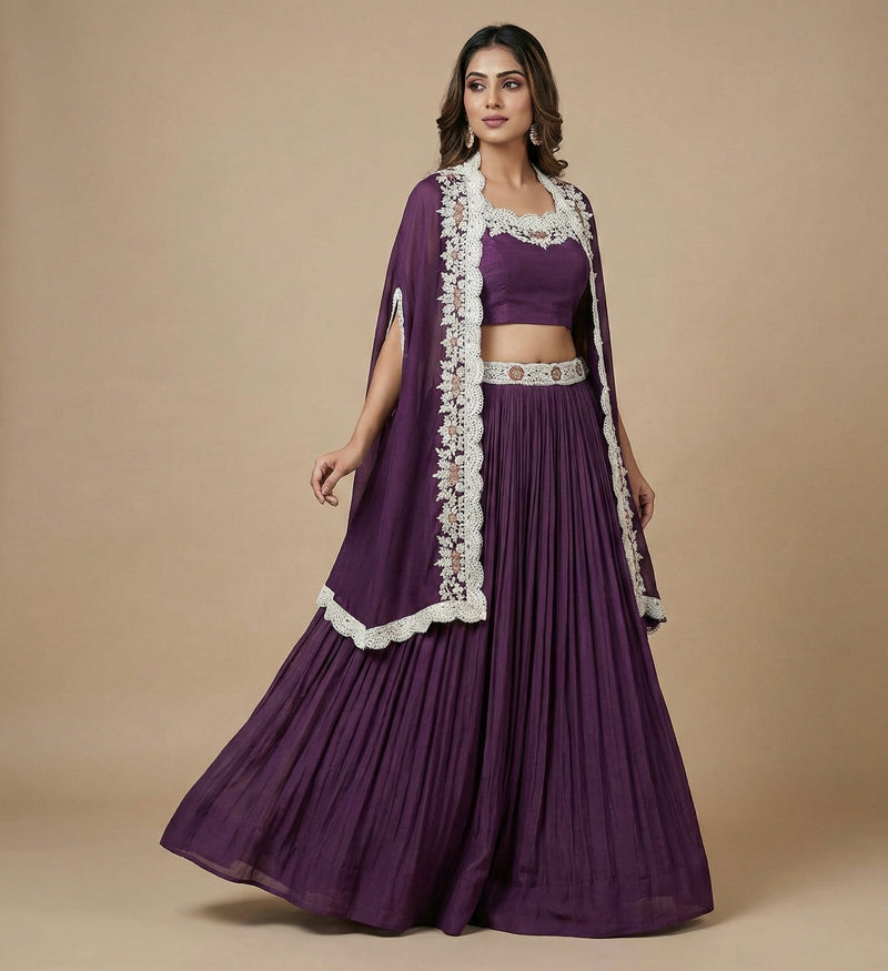 Royal Purple Pleated Indo-western Set with  Hand Embroidered Cape Jacket