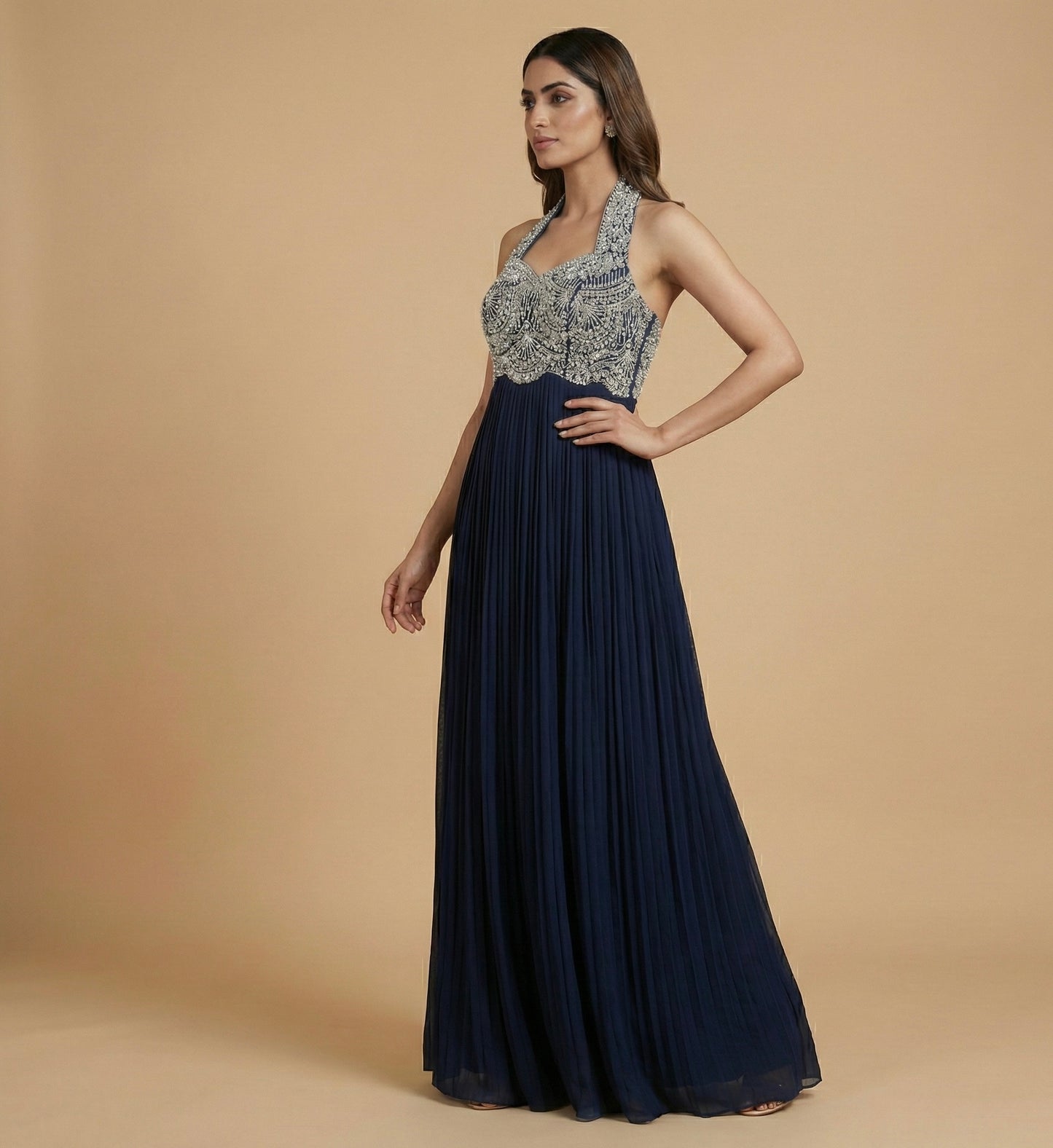 Navy Blue Embellished Halter Neck Gown