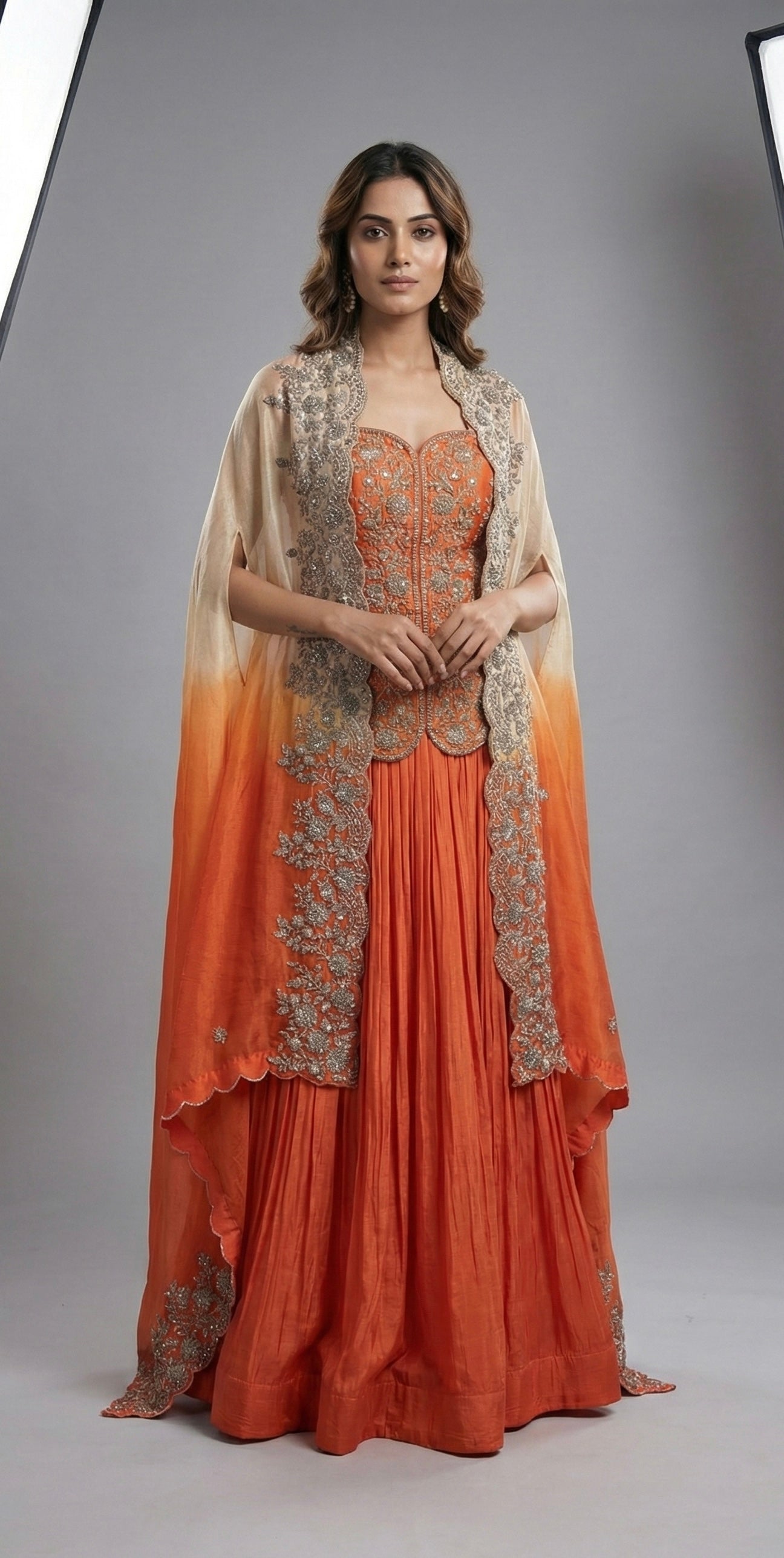 Orange Embroidered Cape Style Indo-Western Set