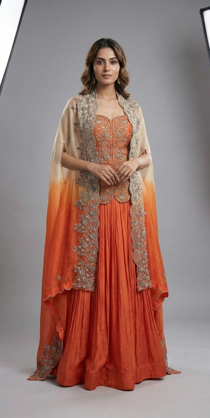 Orange Embroidered Cape Style Indo-Western Set