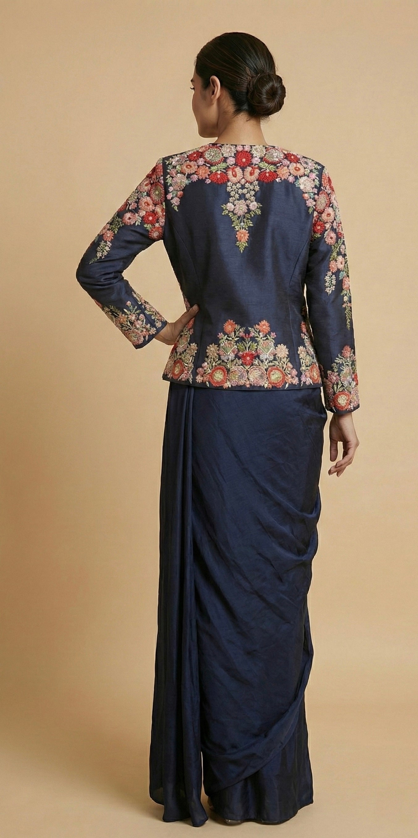 Navy Blue Floral Embroidered Jacket Drape Skirt Set