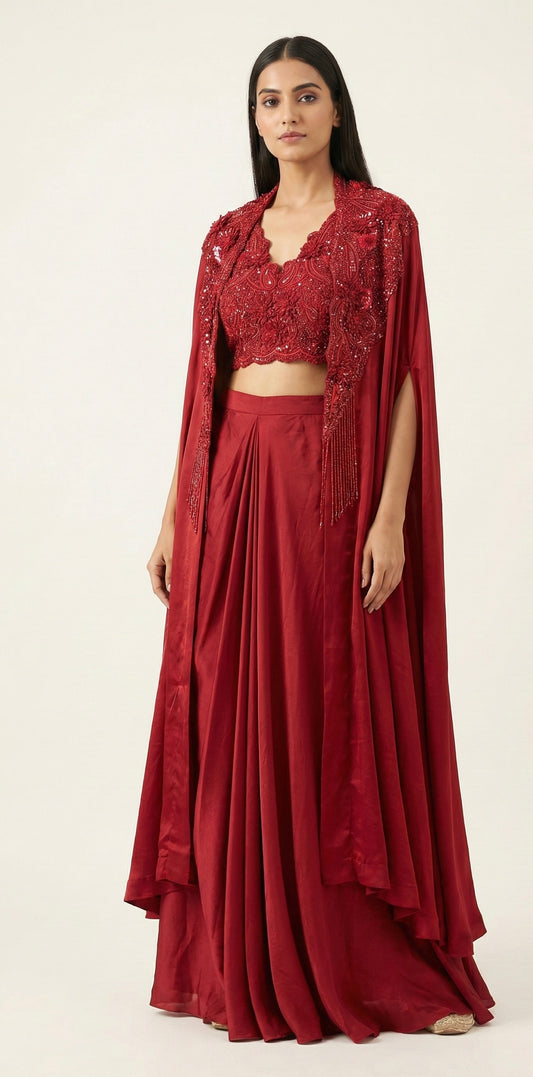 Ruby Red Embroidered Cape Lehenga Set