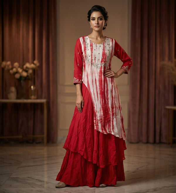 Festive Red Hand Embroidered Indo-western kurti with Flared Skirt