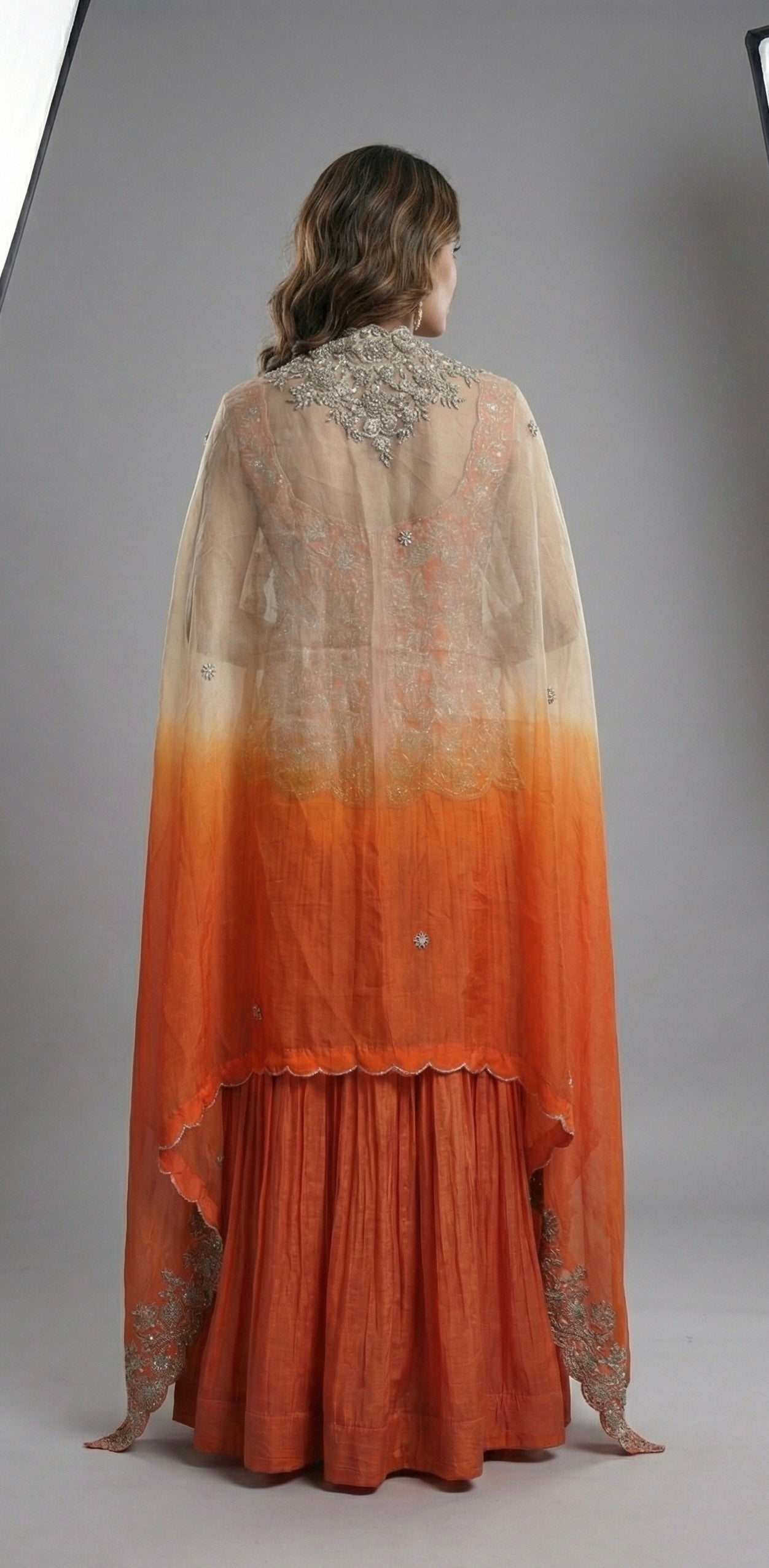 Orange Embroidered Cape Style Indo-Western Set