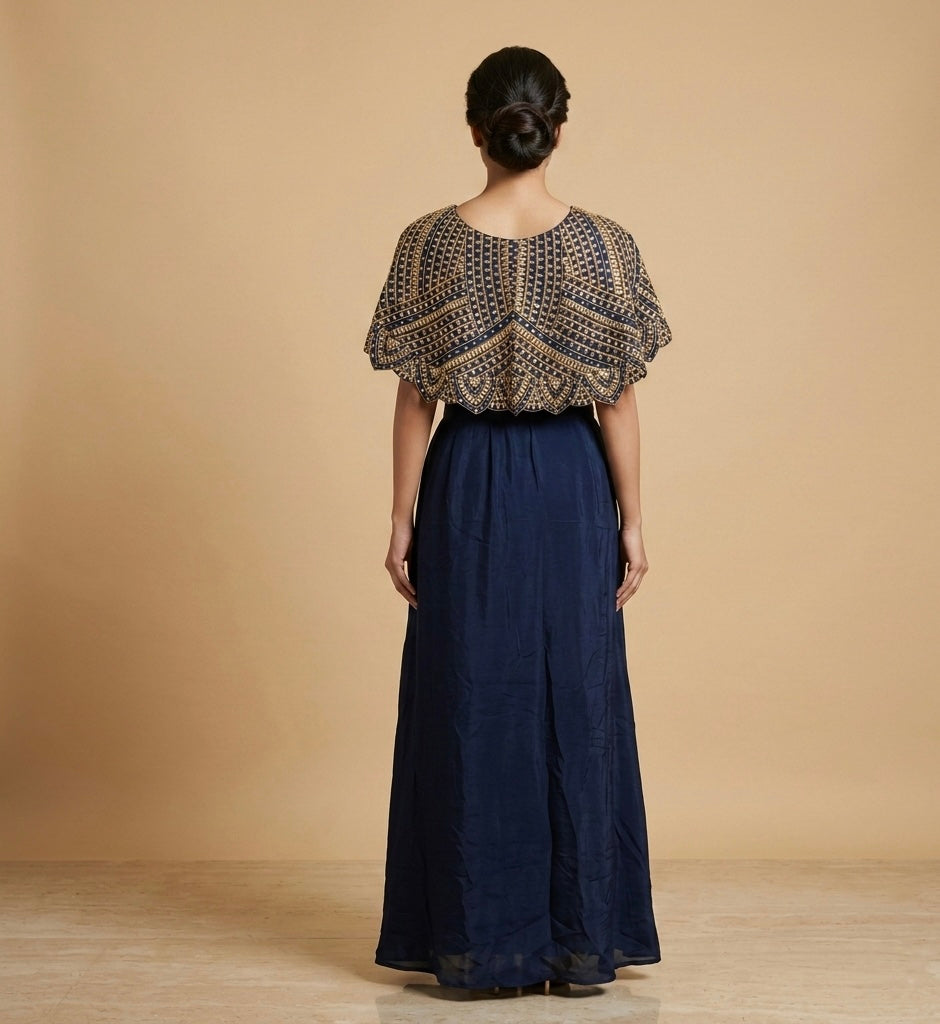 Navy Blue Hand Embroidered Cape Top with Draped Skirt Set
