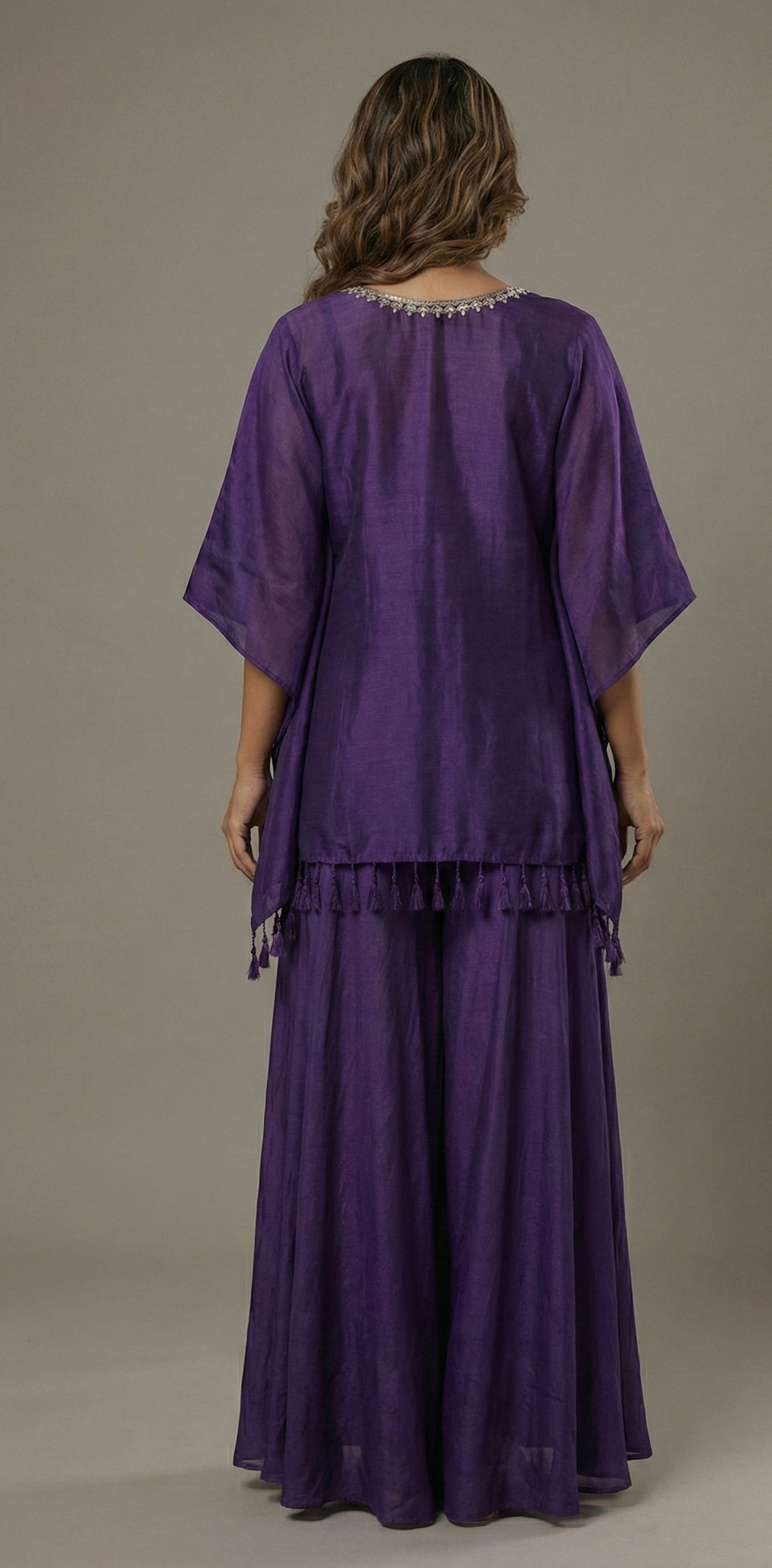 Royal Purple Hand Embroidered Kaftan Kurta Set with Flared Palazzo