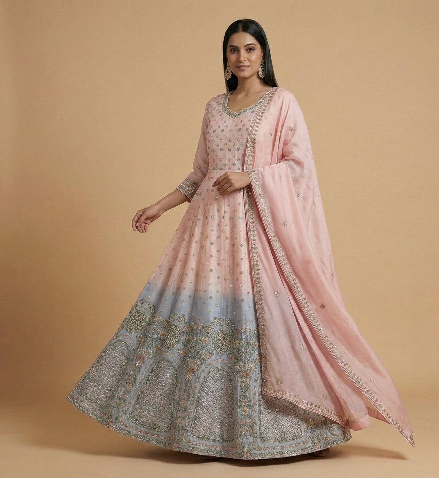 Blush Pink Ombre Hand Embroidered Anarkali Gown with Dupatta