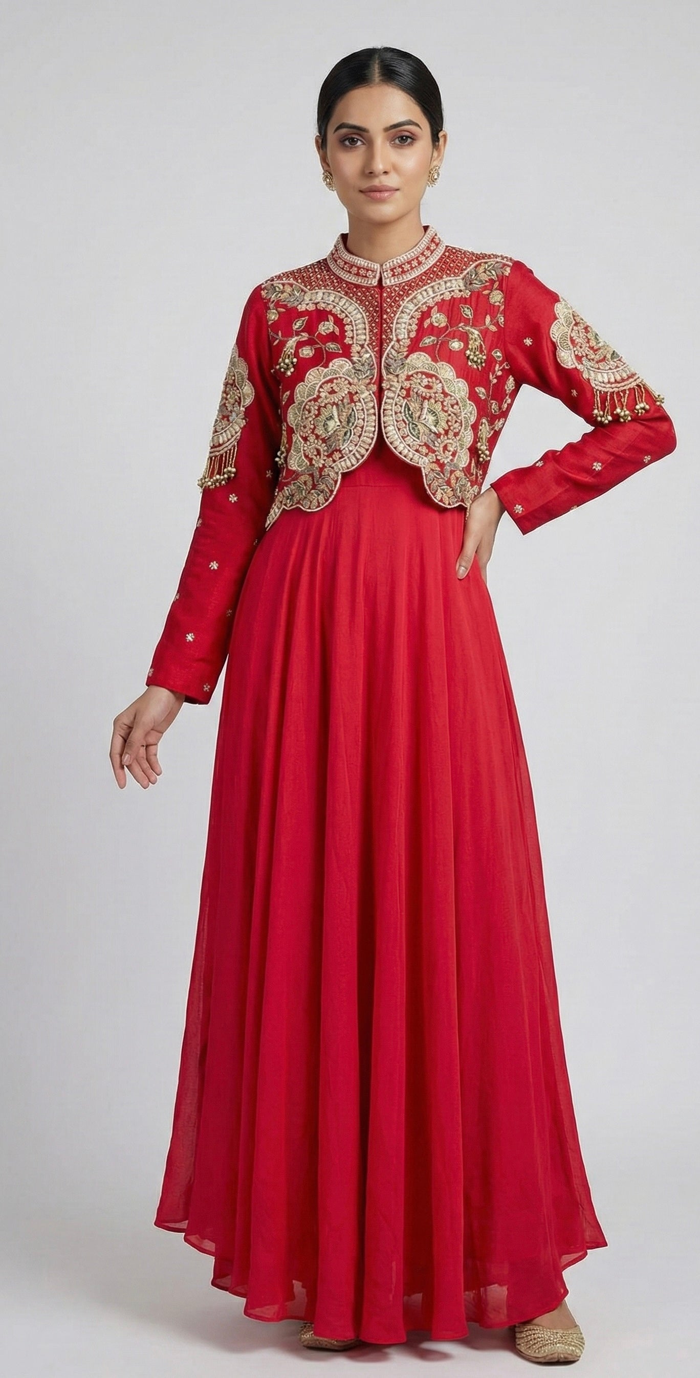 Ruby Red Embroidered Anarkali Gown with Jacket