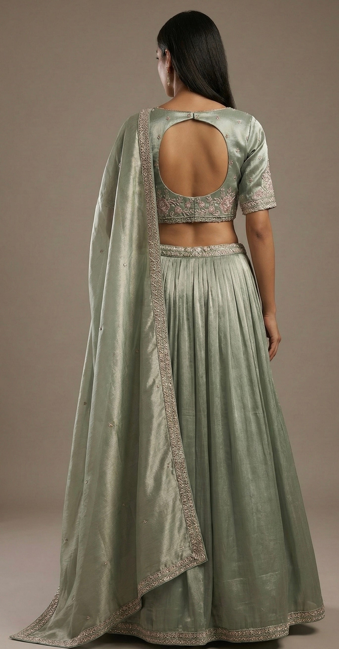 Sage Green Hand Embroidered Lehenga Choli with Dupatta