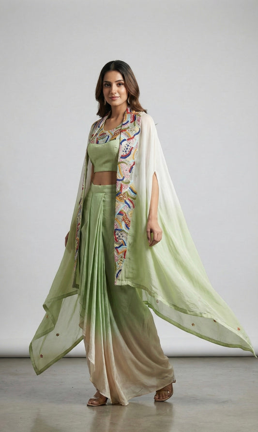 Mint Green Hand Embroidered Draped Skirt with Crop Top & Cape