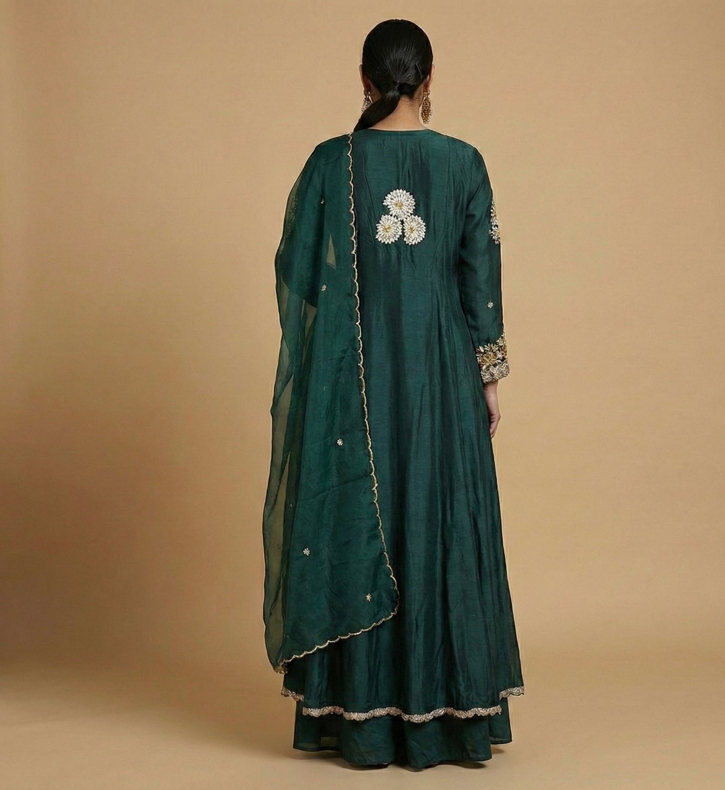Emerald Green Hand Embroidered Indo-western Set with Dupatta