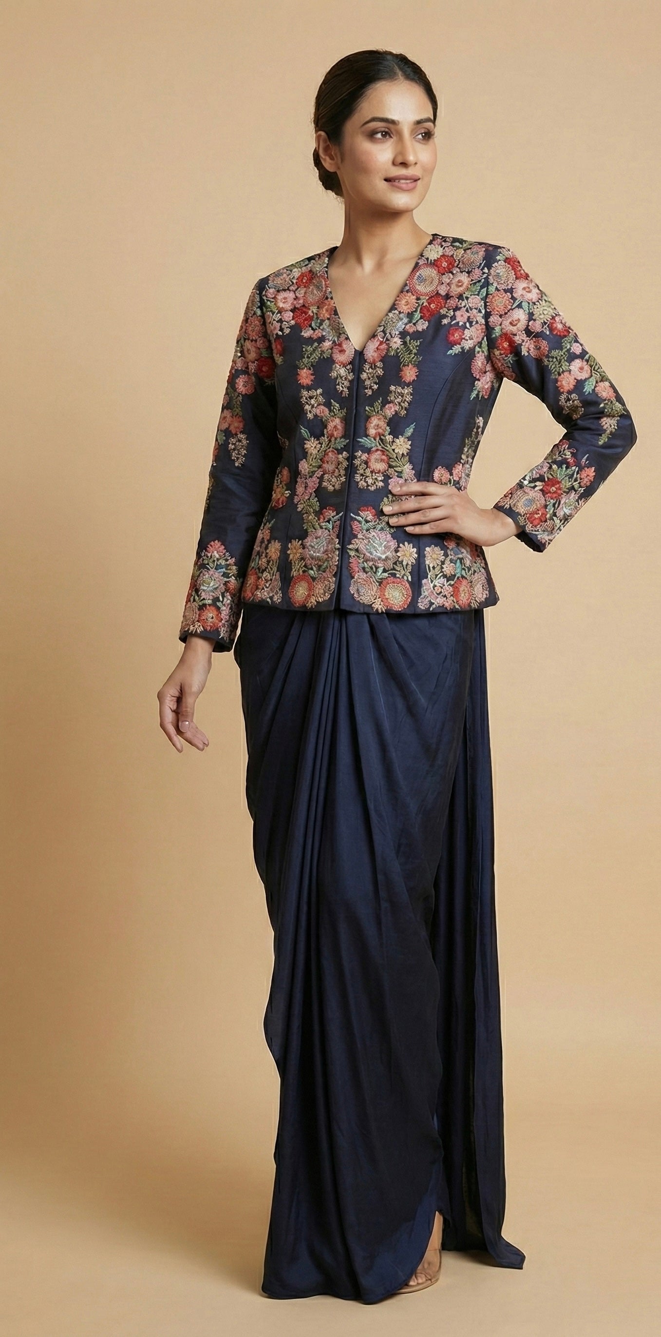 Navy Blue Floral Embroidered Jacket Drape Skirt Set