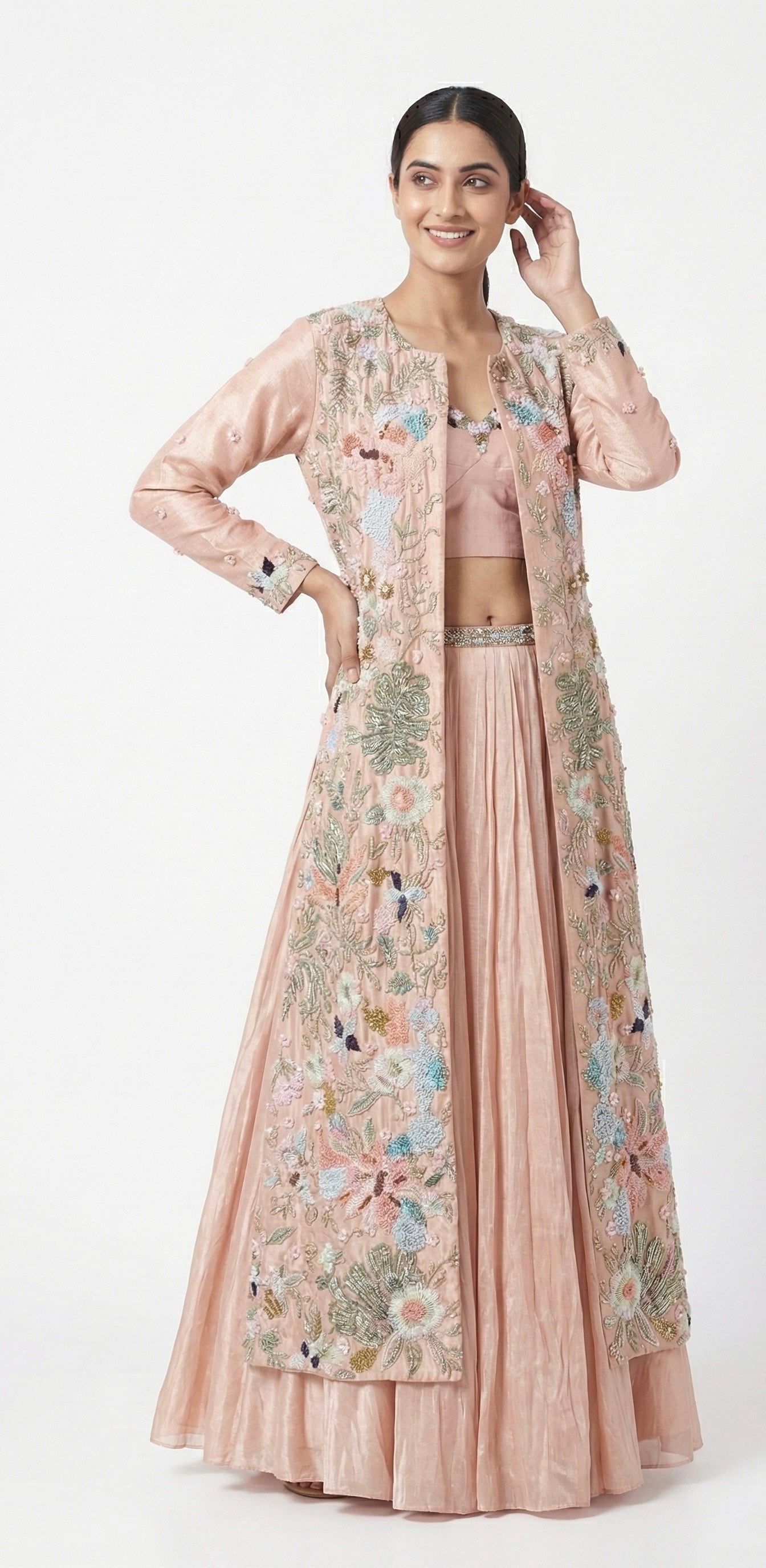 Blush Pink Embroidered Long Jacket Lehenga Set