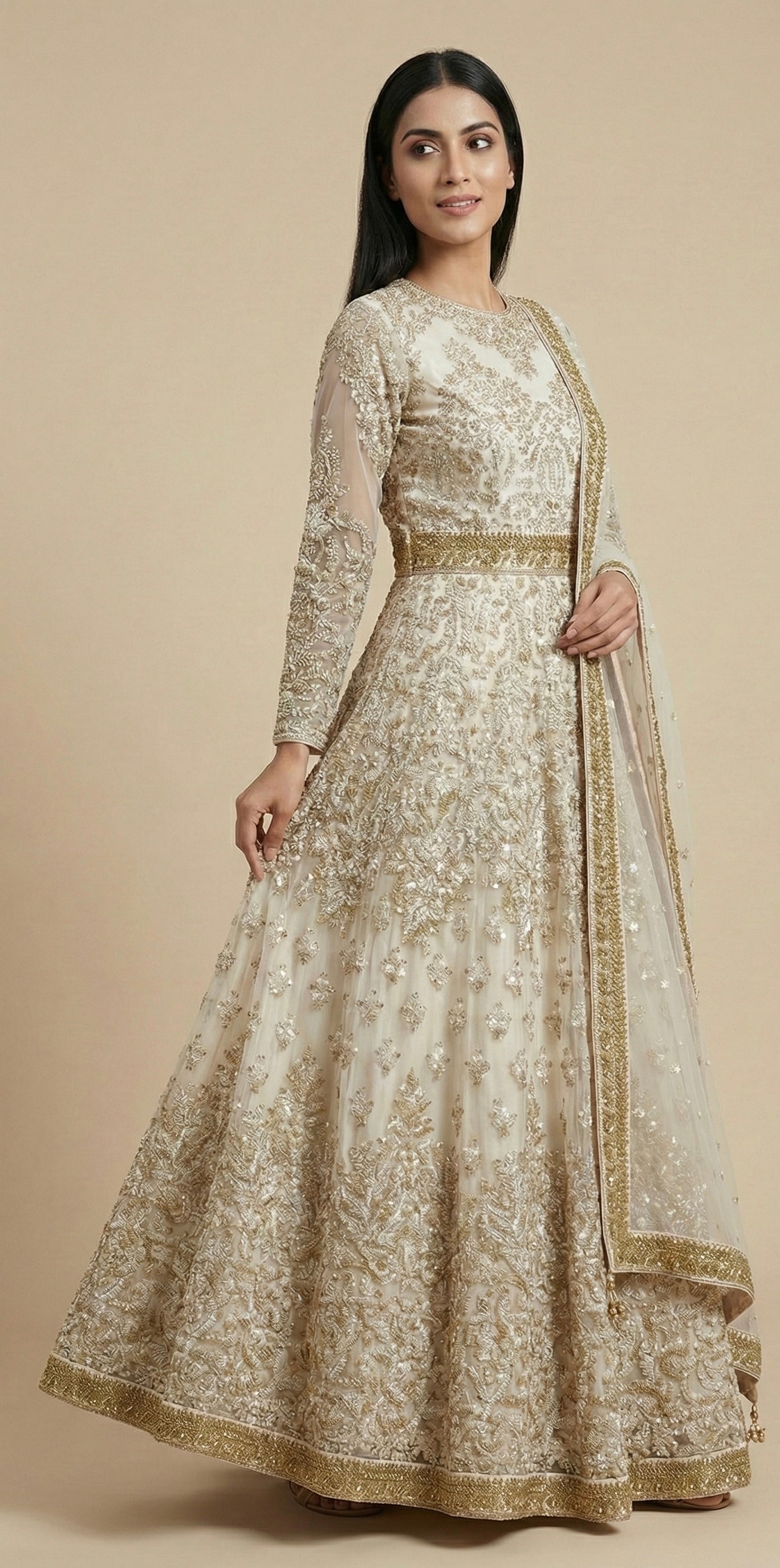 Ivory Gold Embroidered Anarkali Set with Dupatta