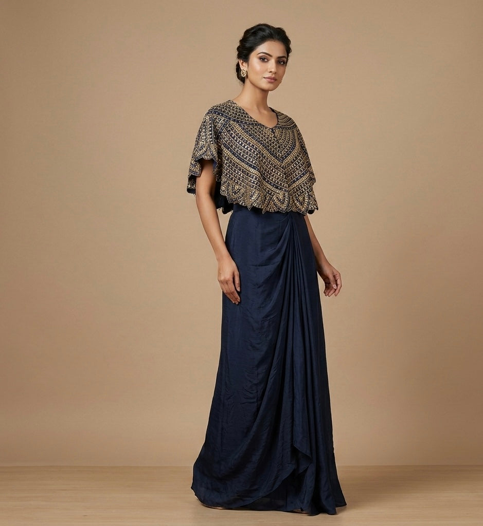 Navy Blue Hand Embroidered Cape Top with Draped Skirt Set