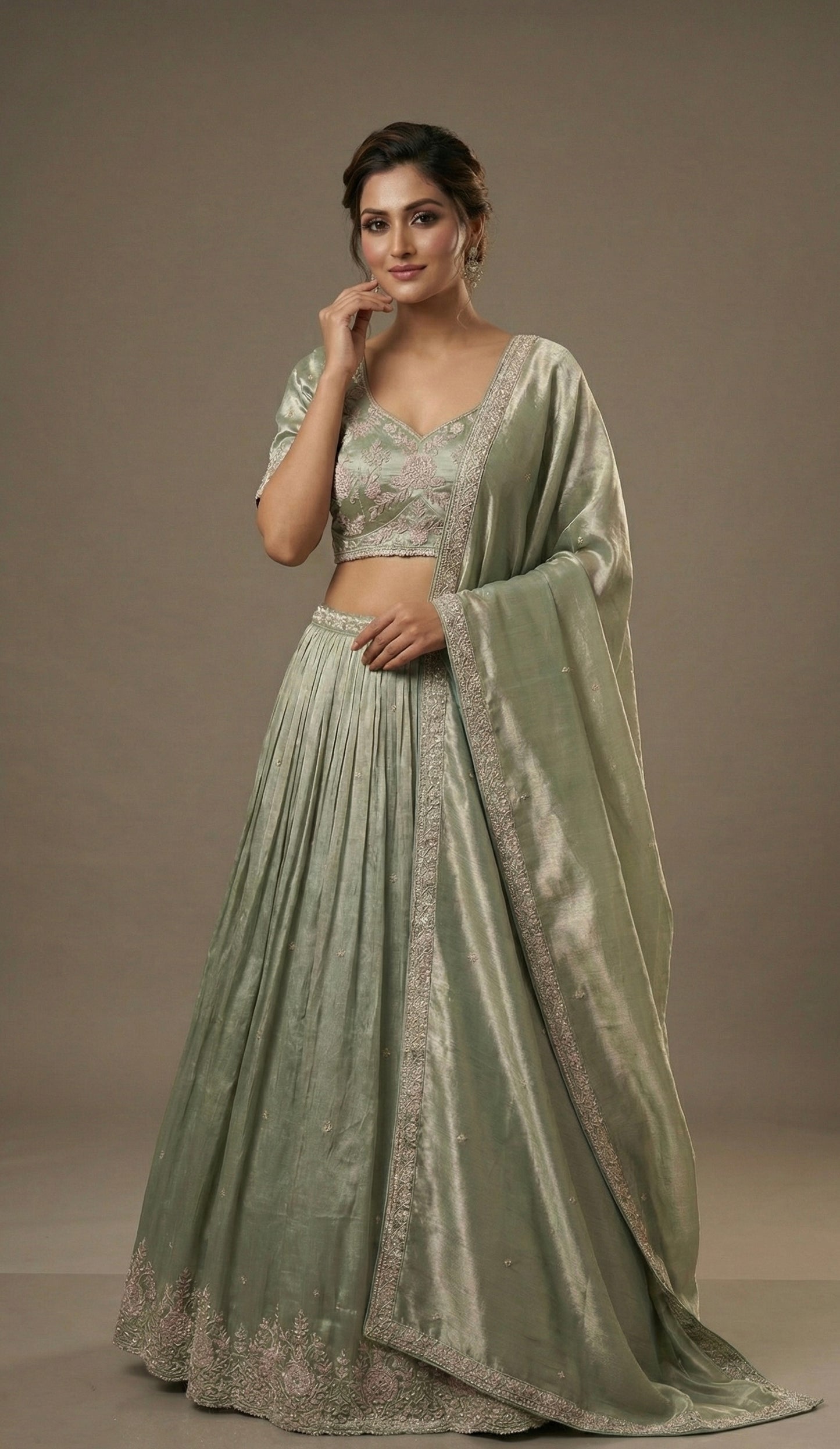 Sage Green Hand Embroidered Lehenga Choli with Dupatta