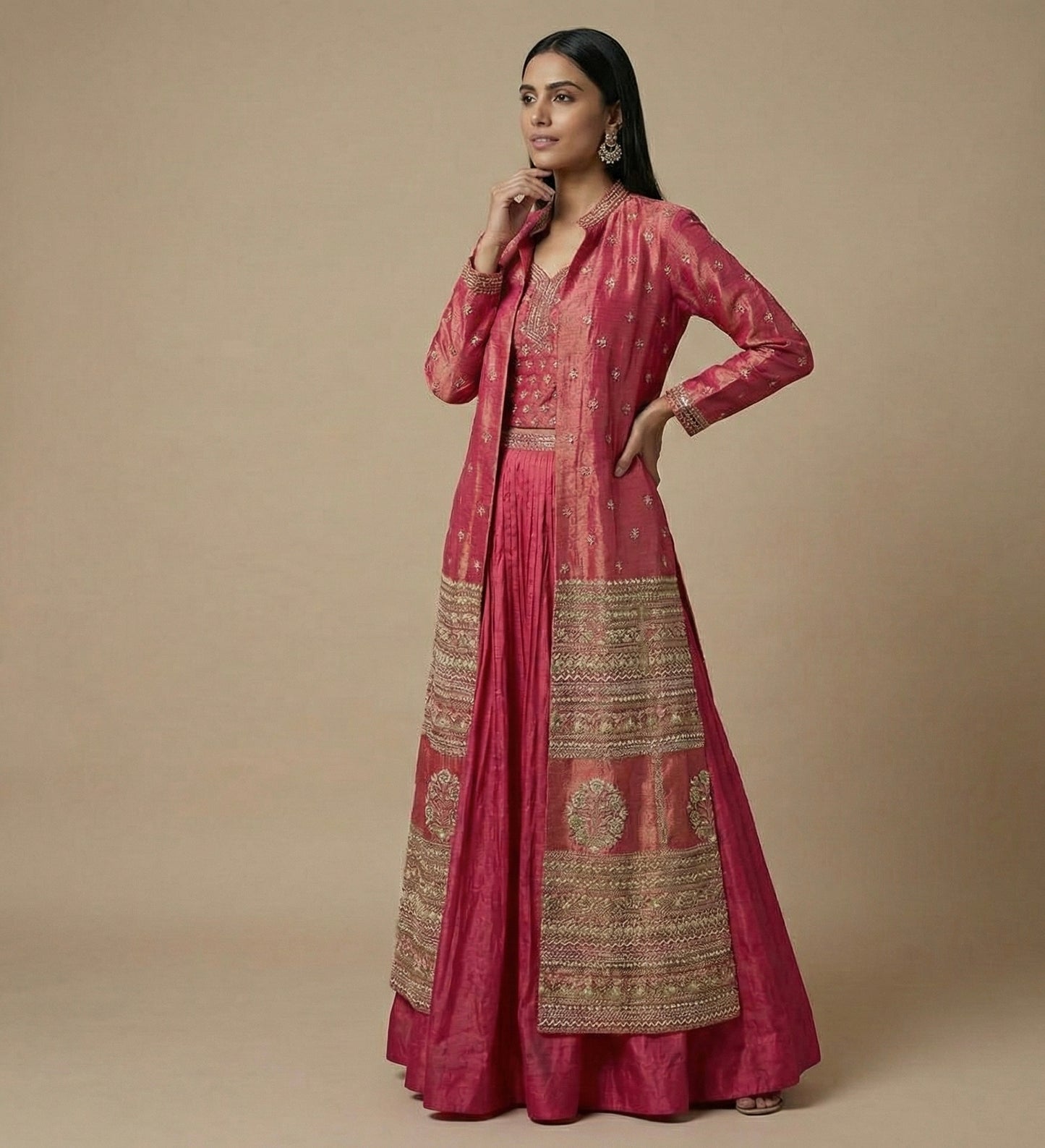 Rani Pink Indo-western Set with Hand Embroidered Jacket