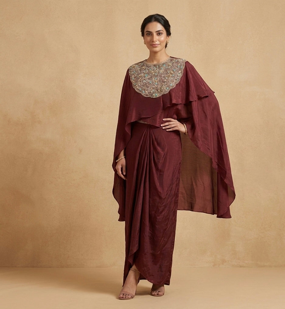 Designer Maroon Draped Outfit with Embellished Yoke
