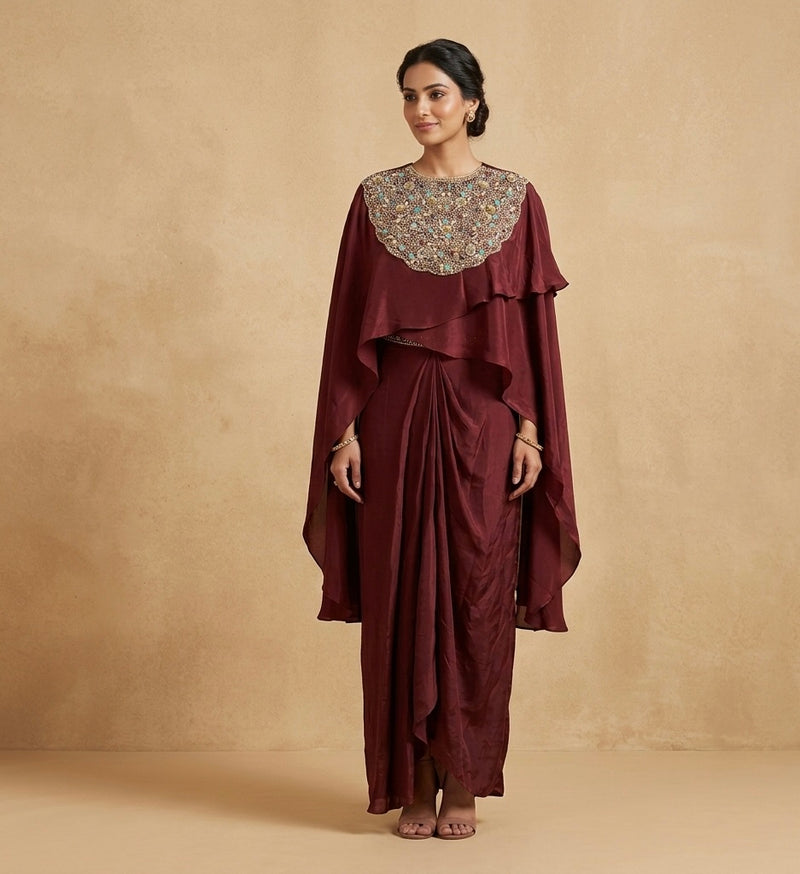 Designer Maroon Draped Outfit with Embellished Yoke