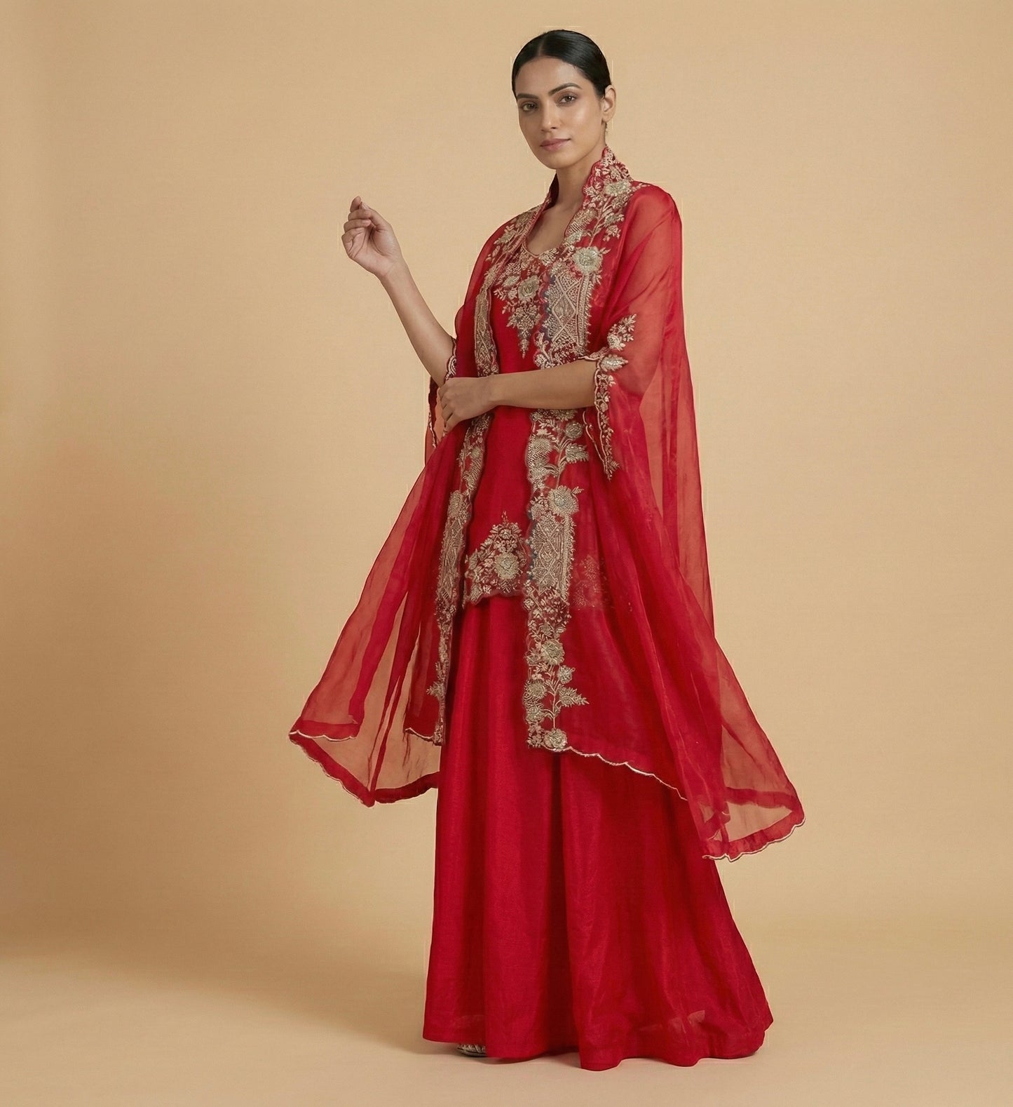 Red Hand Embroidered Indo-western Set with Cape