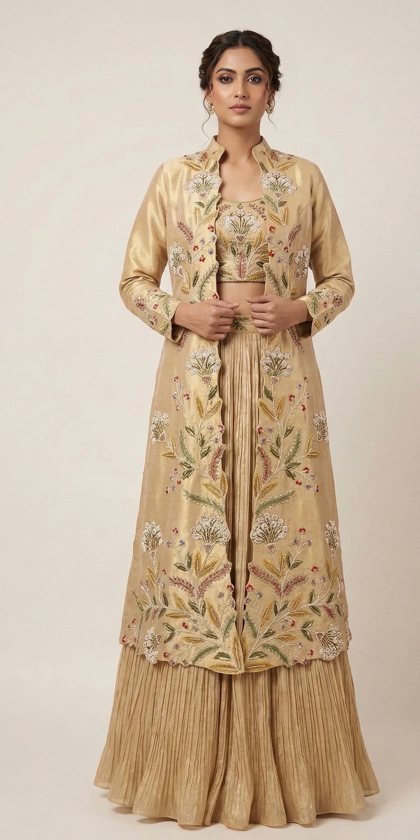Golden Bloom Embroidered Lehenga Set with Long Jacket