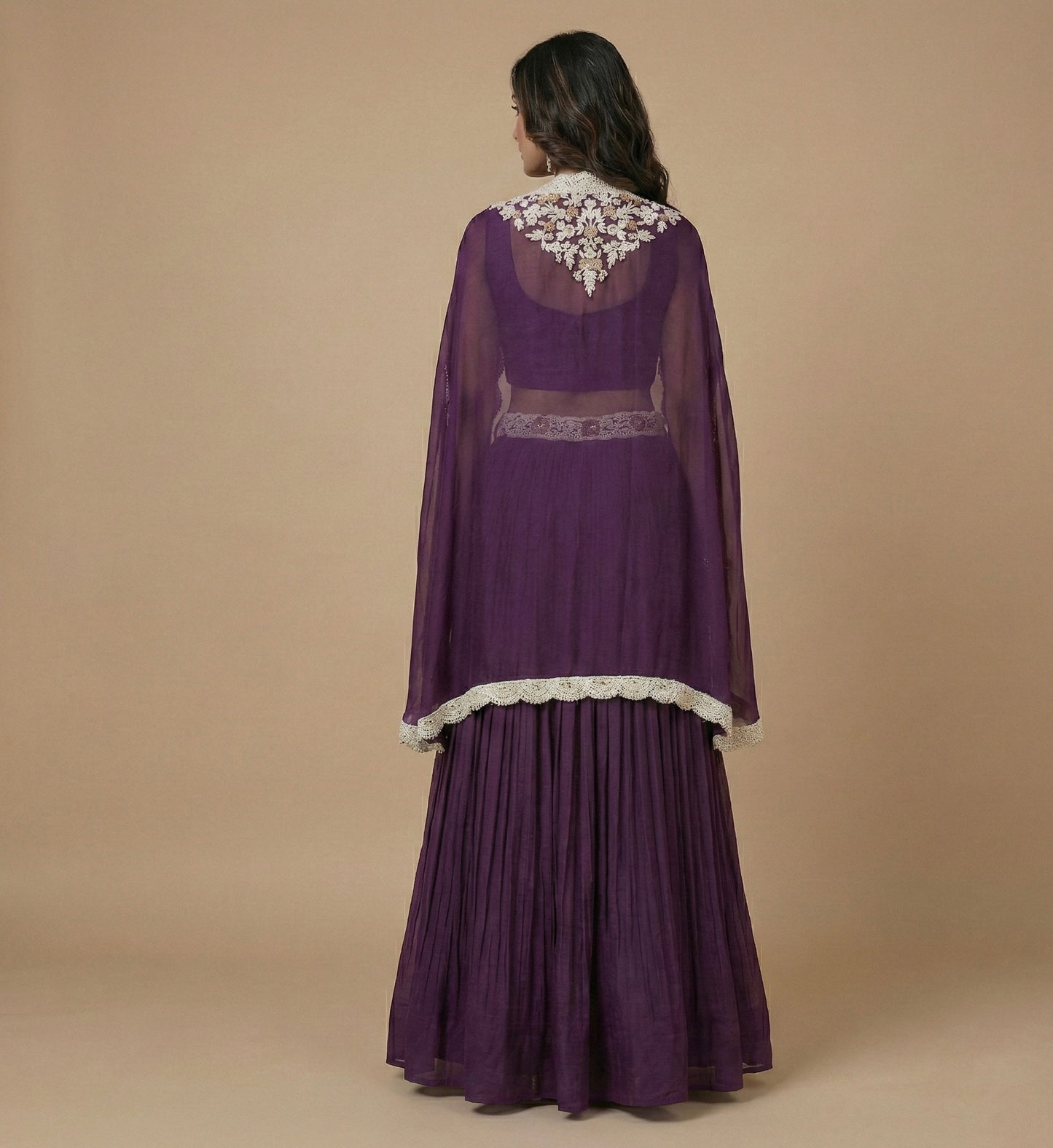 Royal Purple Pleated Indo-western Set with  Hand Embroidered Cape Jacket
