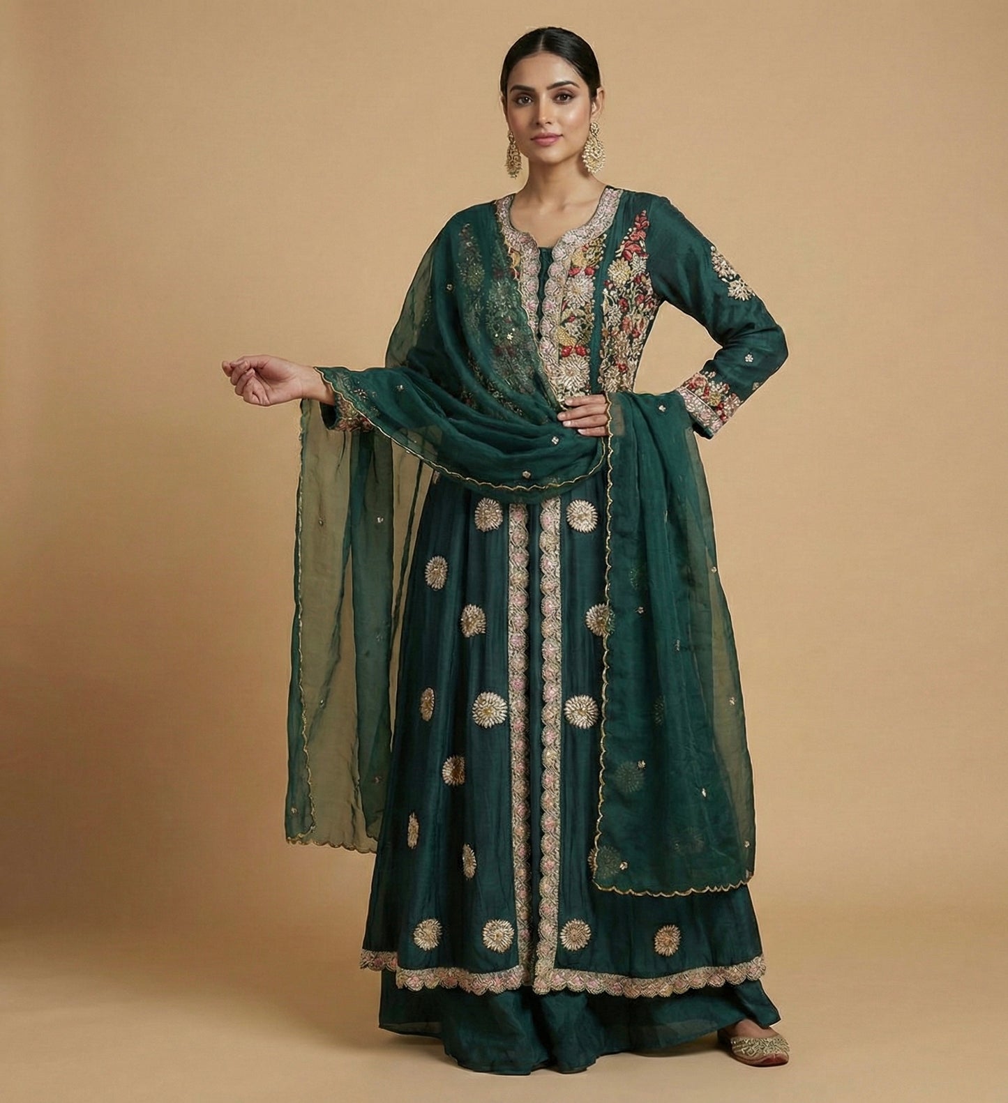 Emerald Green Hand Embroidered Indo-western Set with Dupatta