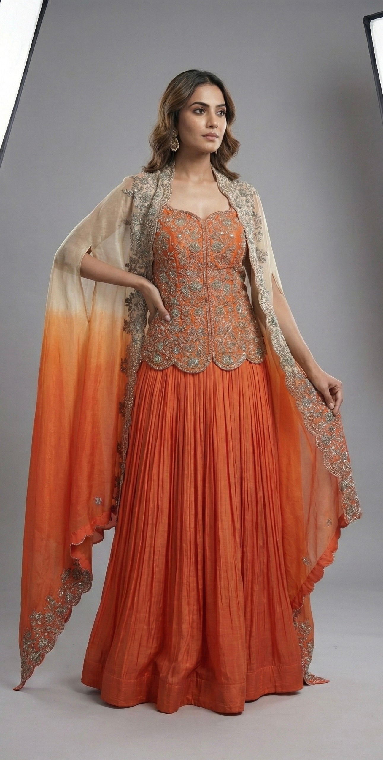 Orange Embroidered Cape Style Indo-Western Set