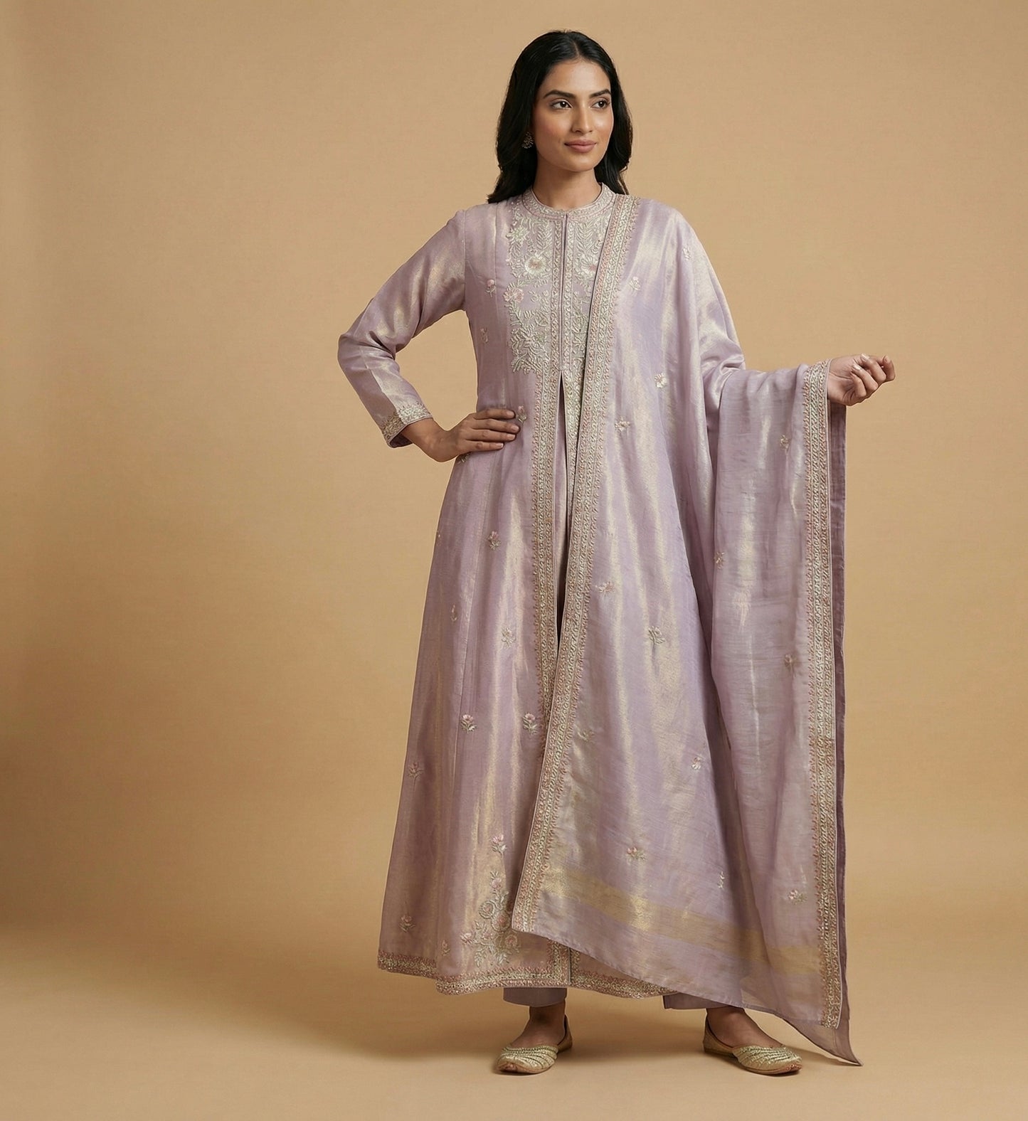 Lavender Hand Embroidered Anarkali Gown with Dupatta