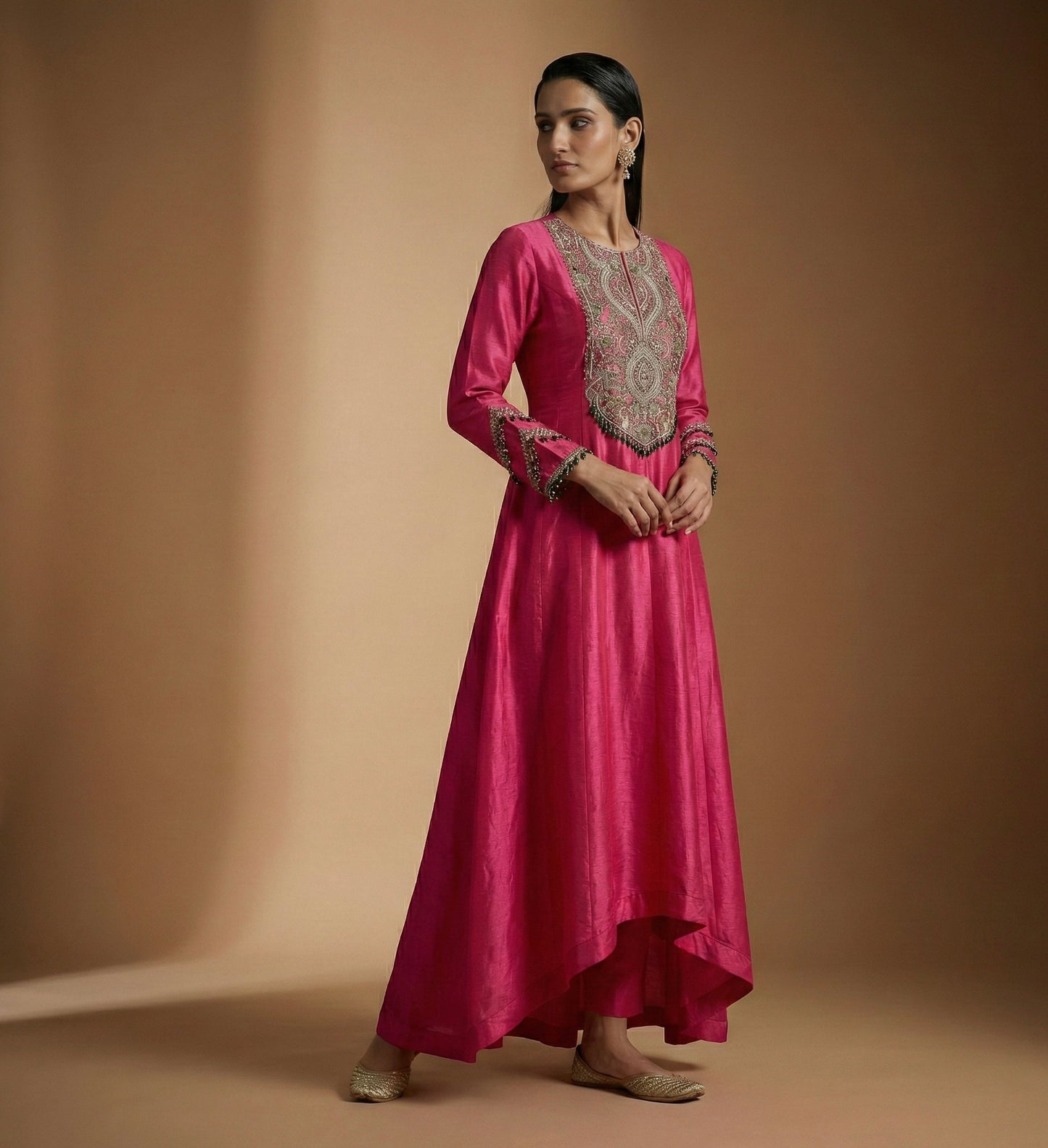 Pink Long Anarkali with Detailed Neck Hand Embroidery
