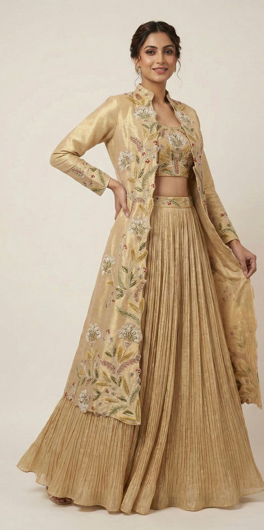 Golden Bloom Embroidered Lehenga Set with Long Jacket
