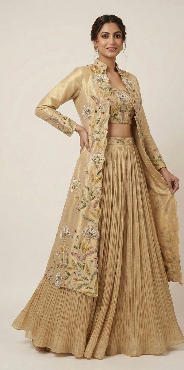 Golden Bloom Embroidered Lehenga Set with Long Jacket