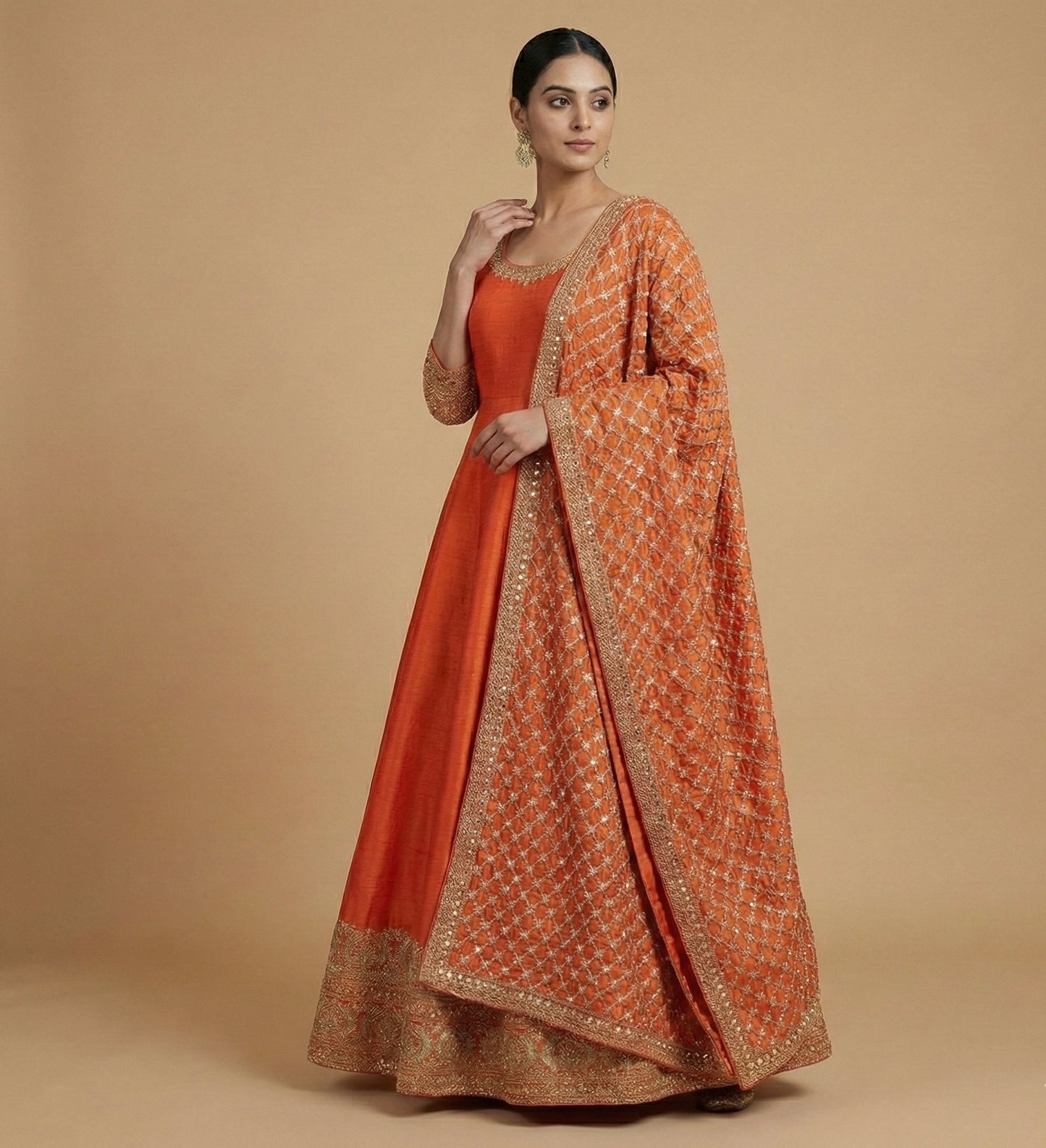 Festive Orange Hand Embroidered Anarkali Set