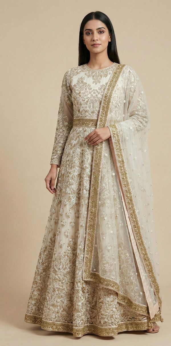 Ivory Gold Embroidered Anarkali Set with Dupatta