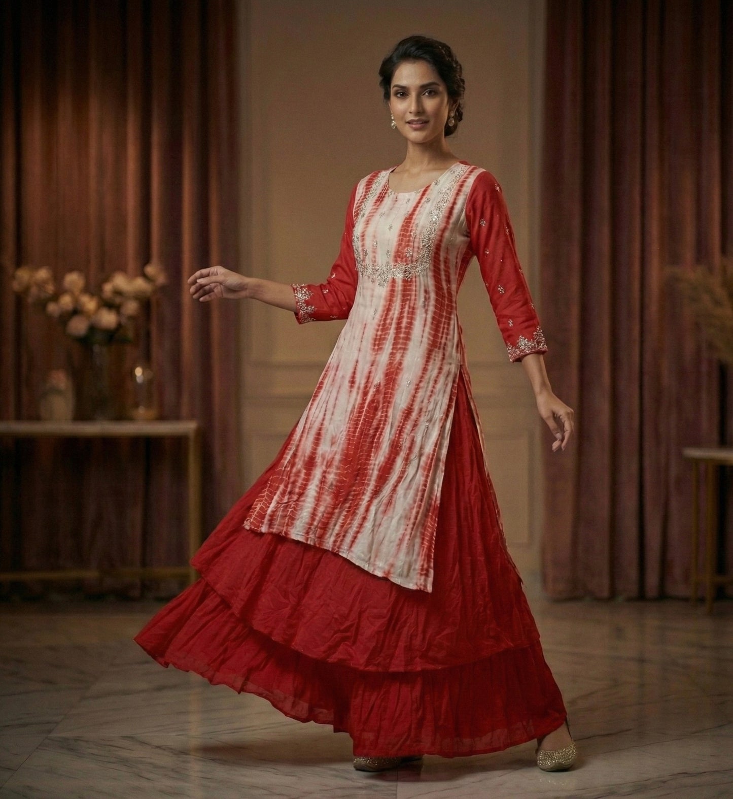 Festive Red Hand Embroidered Indo-western kurti with Flared Skirt