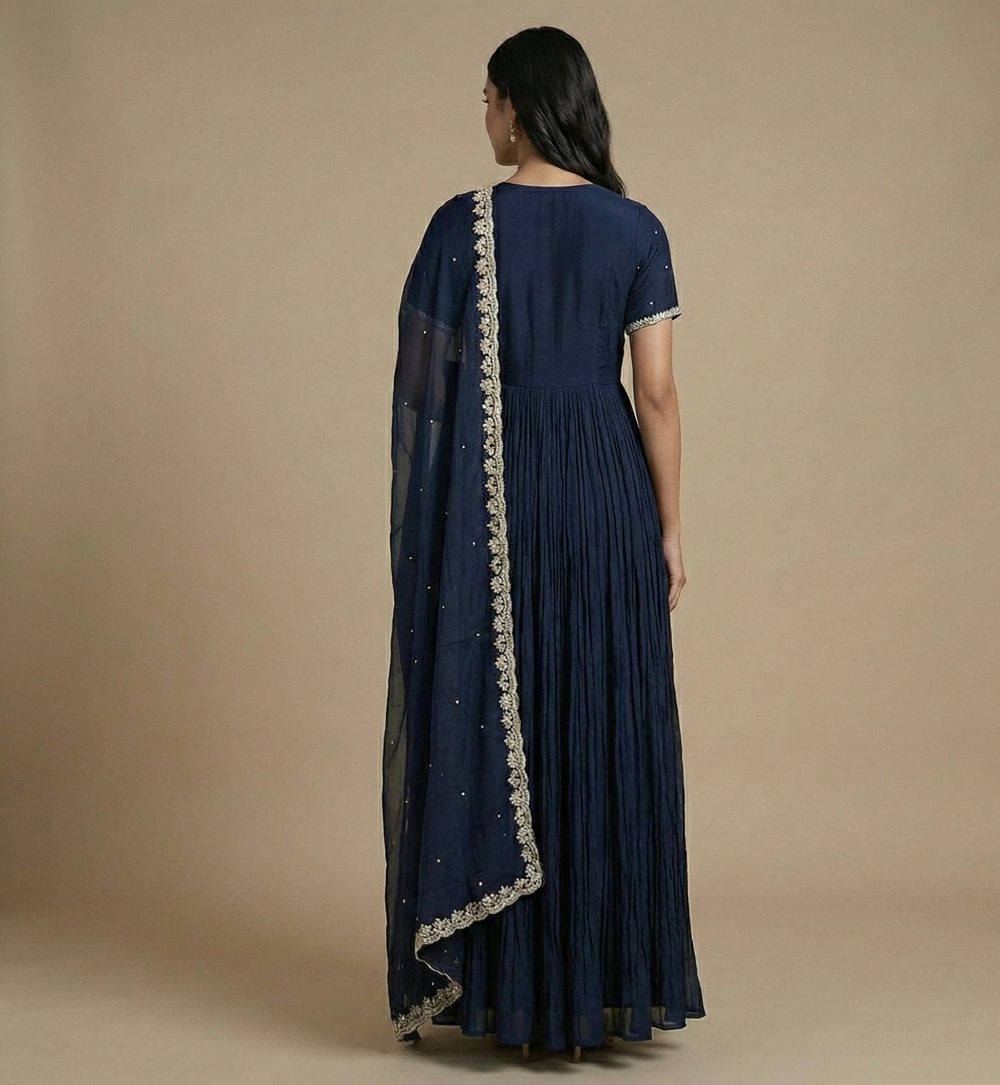 Navy Blue Hand Embroidered Anarkali Gown with Dupatta