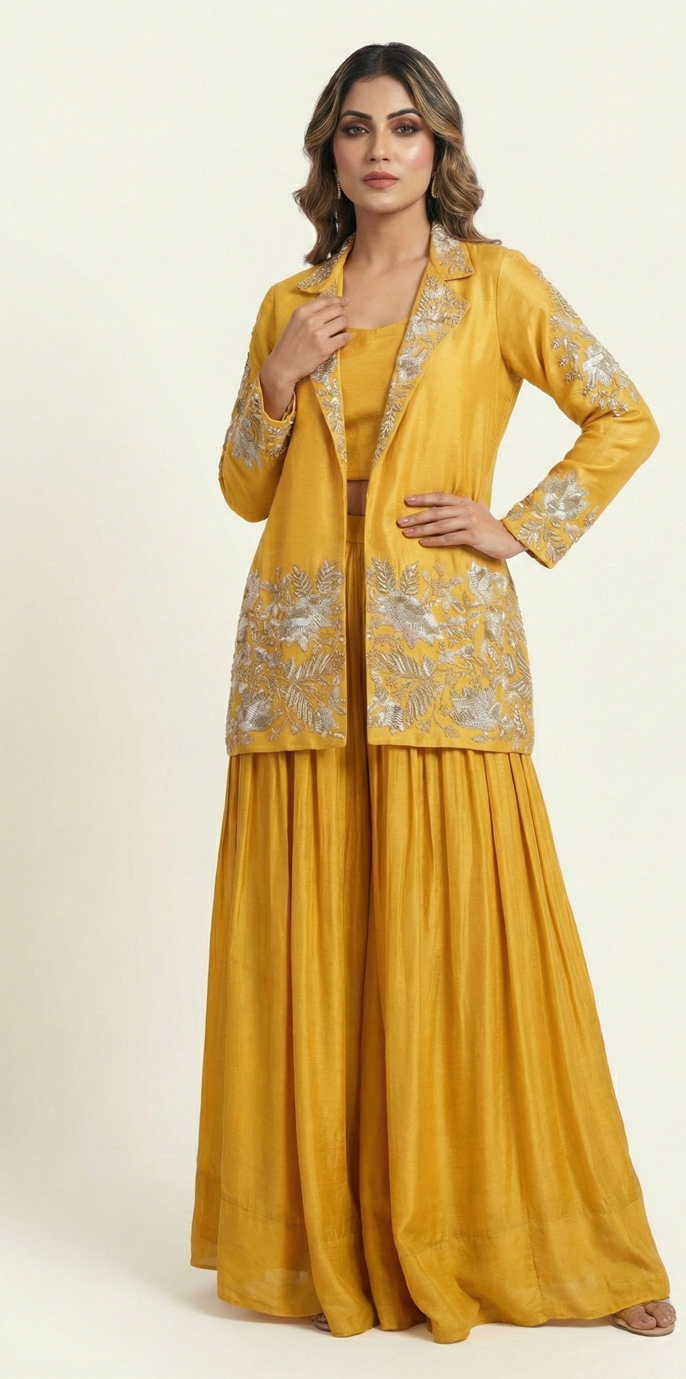Mustard Yellow Hand-Embroidered Jacket Sharara Set