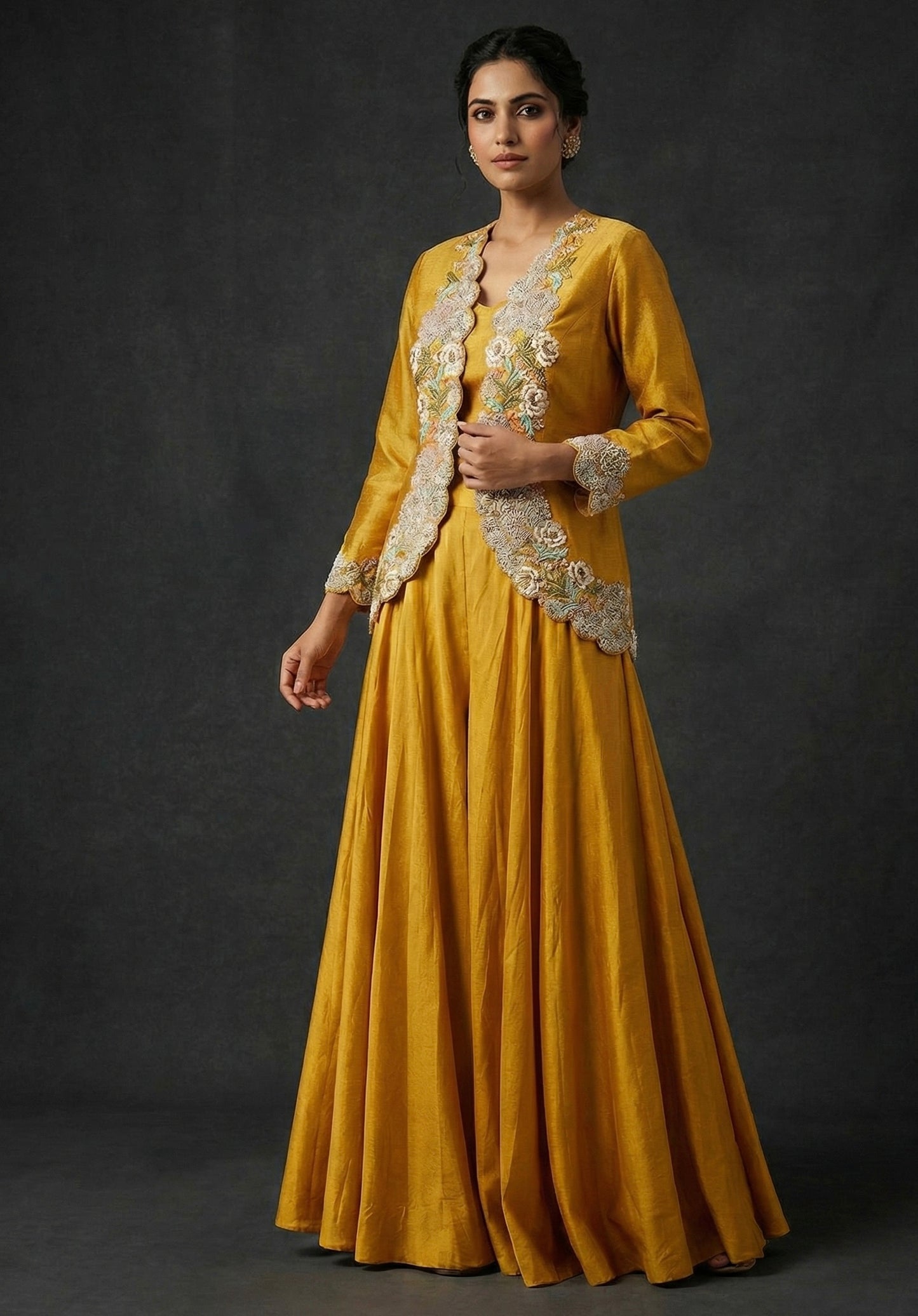 Mustard Silk Anarkali Set with Hand-Embroidered Jacket