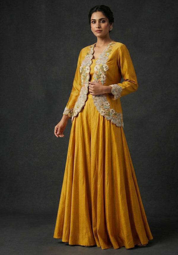 Mustard Silk Anarkali Set with Hand-Embroidered Jacket