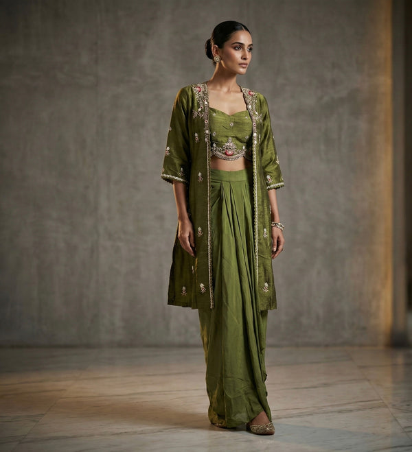 Olive Green Hand Embroidered Jacket Style Indo-western Set